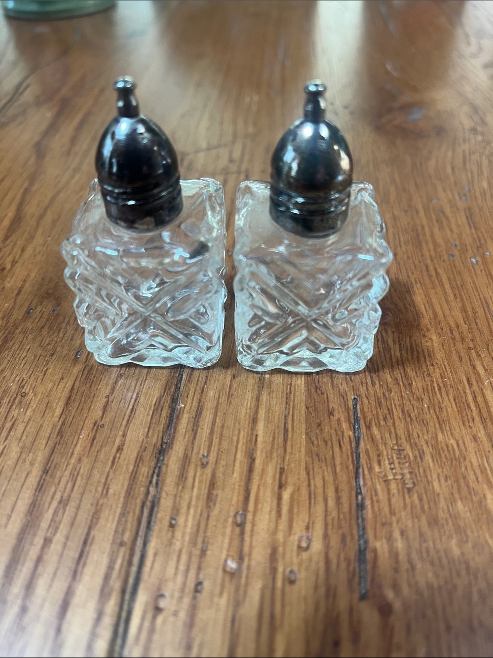Vintage Pair Glass Salt and Pepper Shakers with Silver-Tone Tops